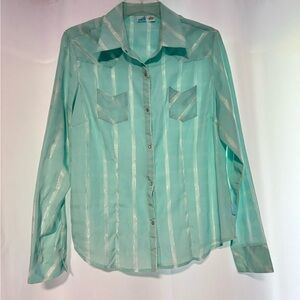 Light Aqua Striped Sheer Pearl-snap Button-Up Shirt